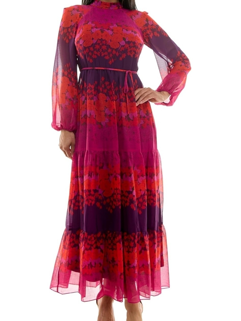 Melonie Maxi Floral Sheer Long Sleeve Dress in Magenta and Red Sz 10P